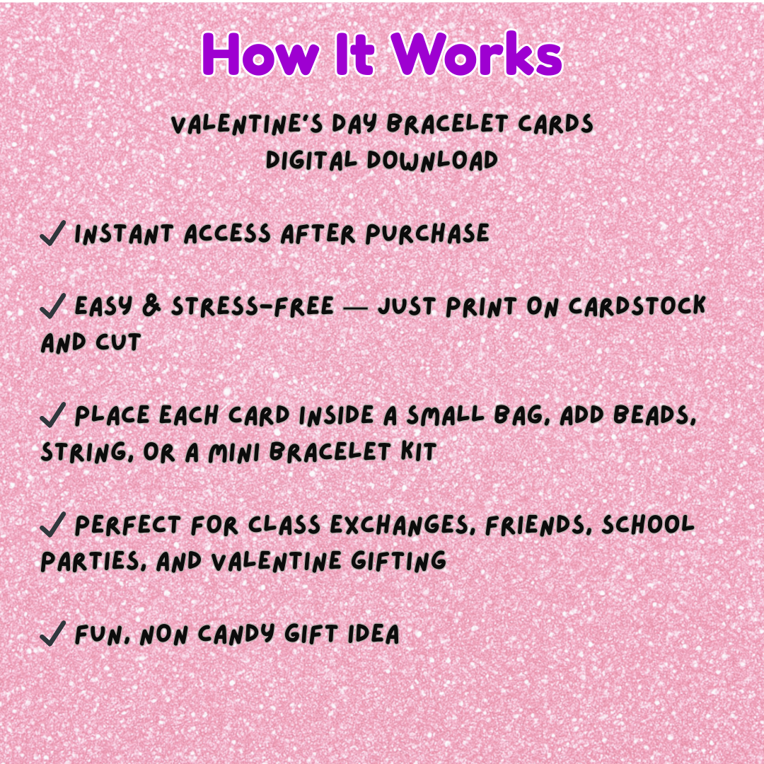 Valentine's Day Bracelet Cards School Class Gift DIY Kit Girls Small Loot Bag Favors Digital Download