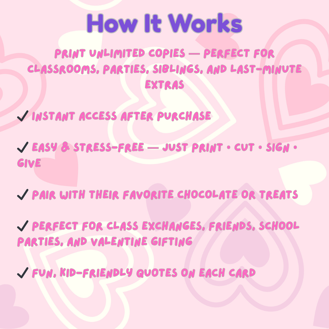 Kids Chocolates Valentine’s Cards, Tween, Teen School Boys Girls Valentines Day Gift. Printable PDF 12 Designs