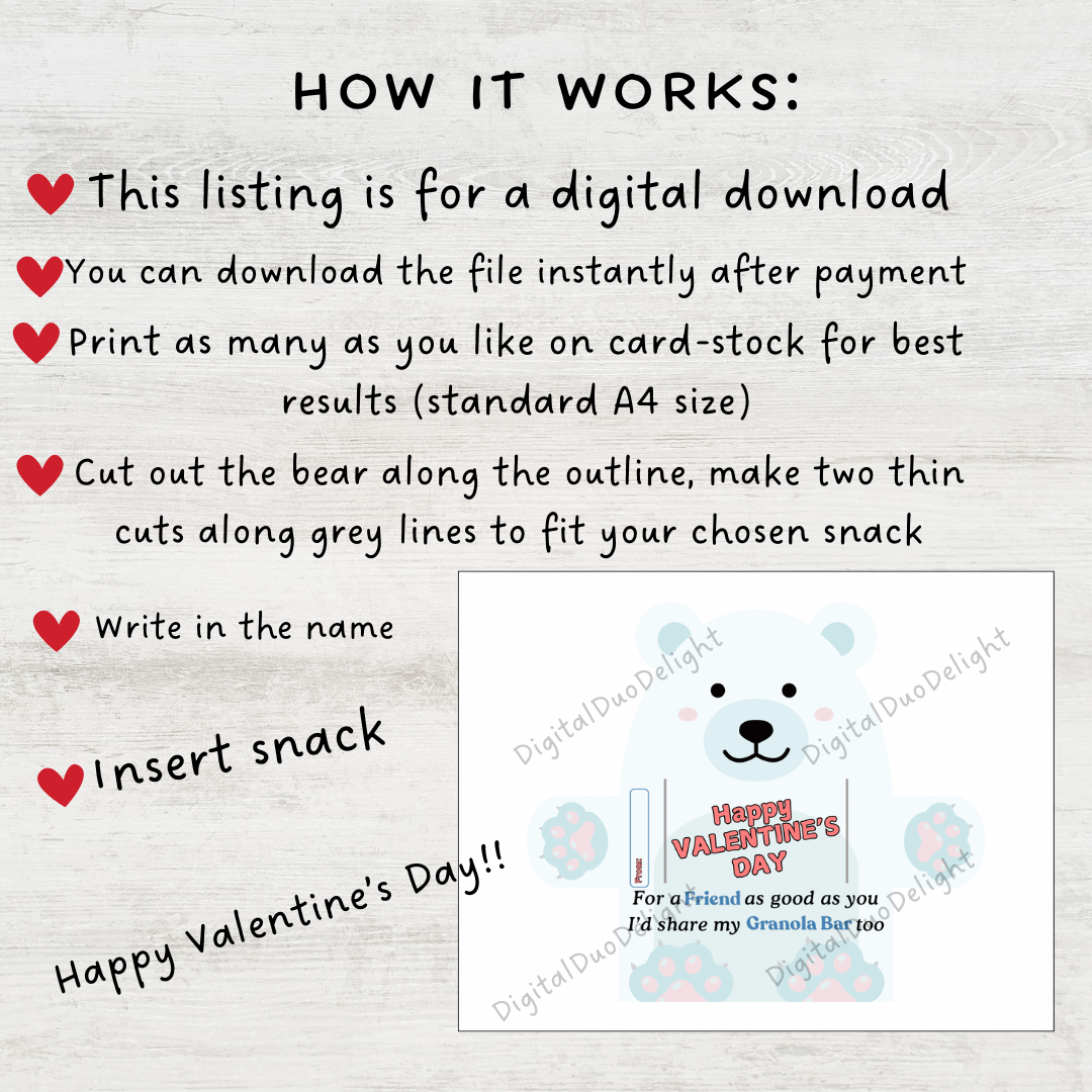 Kids granola bar Bear Valentine’s Day cards, teacher school boys girls valentines gift. Printable PDF cute bear snack bag topper gift