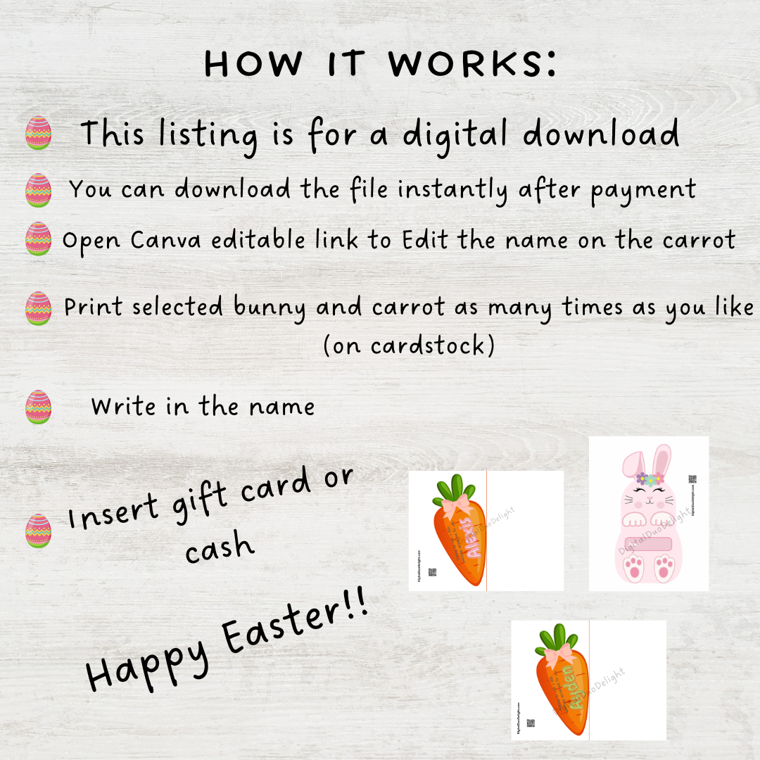 Carte-cadeau ou porte-monnaie lapin de Pâques - Téléchargement numérique instantané modifiable comprenant 5 styles