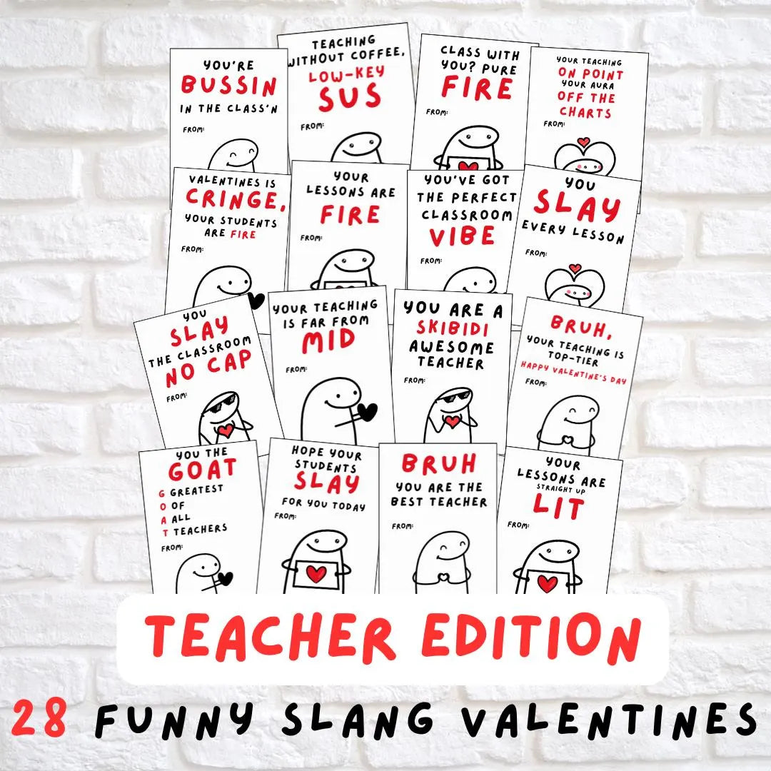 Teachers Funny Slang 28 Valentine’s Day cards, Tween, Boys Girls Valentine’s Day Gift. Printable PDF Skibidi, Rizz, Funny. Perfect For School