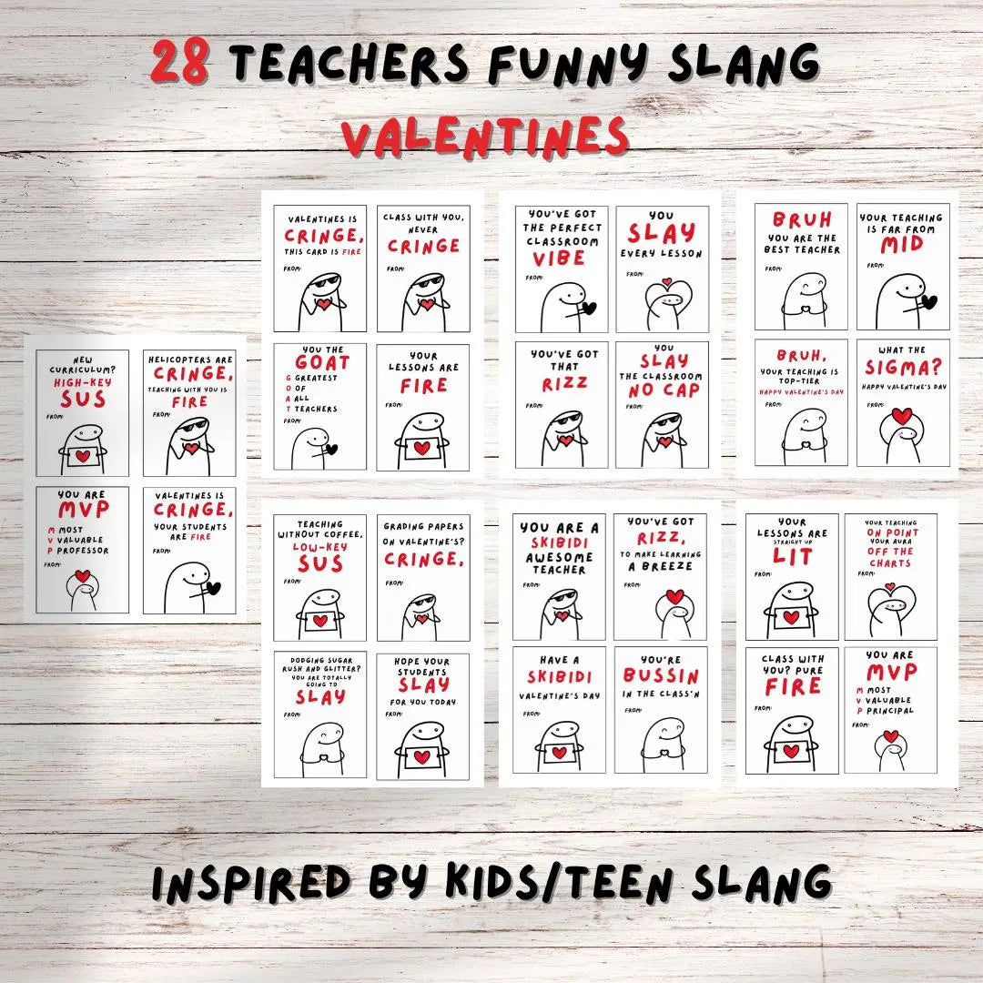Teachers Funny Slang 28 Valentine’s Day cards, Tween, Boys Girls Valentine’s Day Gift. Printable PDF Skibidi, Rizz, Funny. Perfect For School