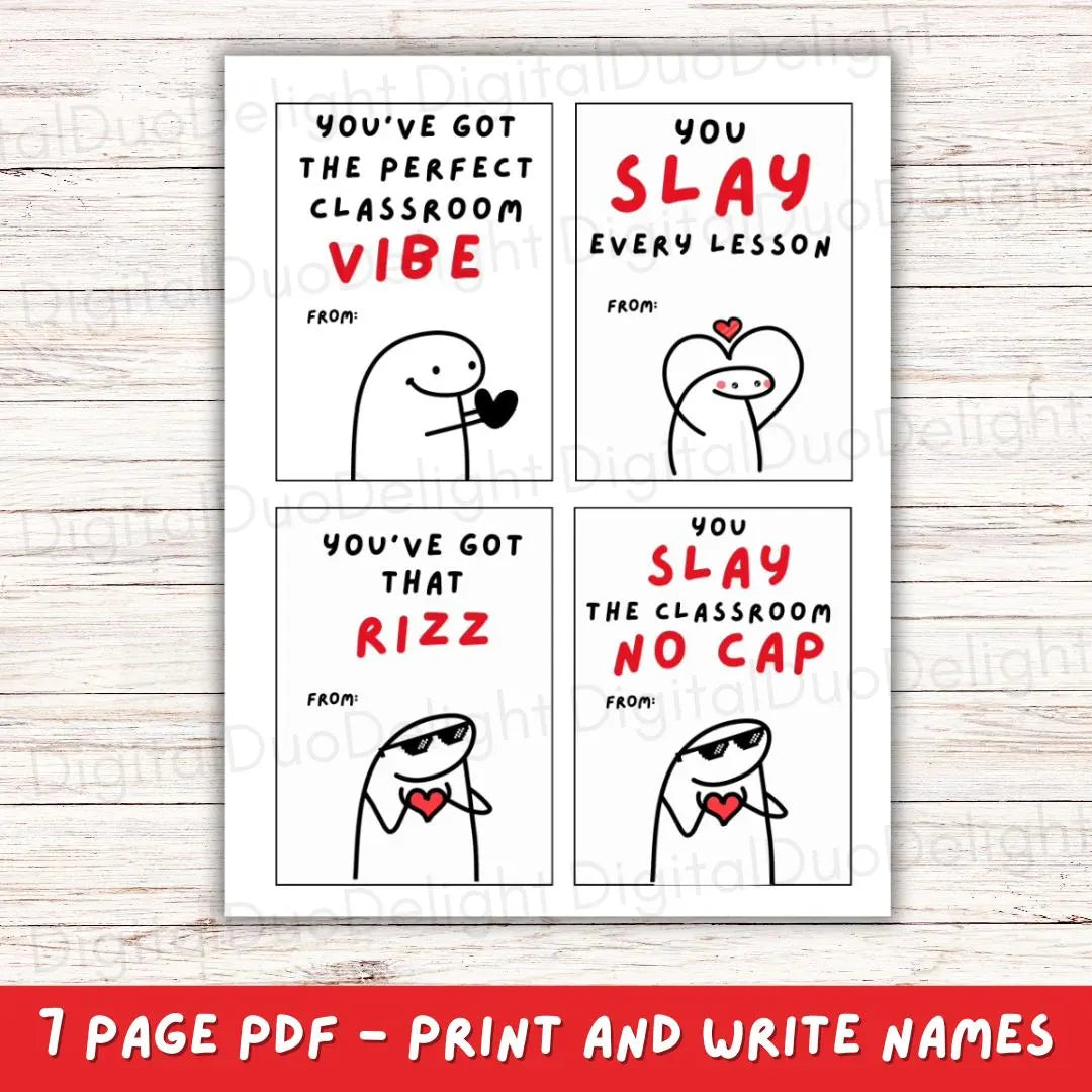 Teachers Funny Slang 28 Valentine’s Day cards, Tween, Boys Girls Valentine’s Day Gift. Printable PDF Skibidi, Rizz, Funny. Perfect For School