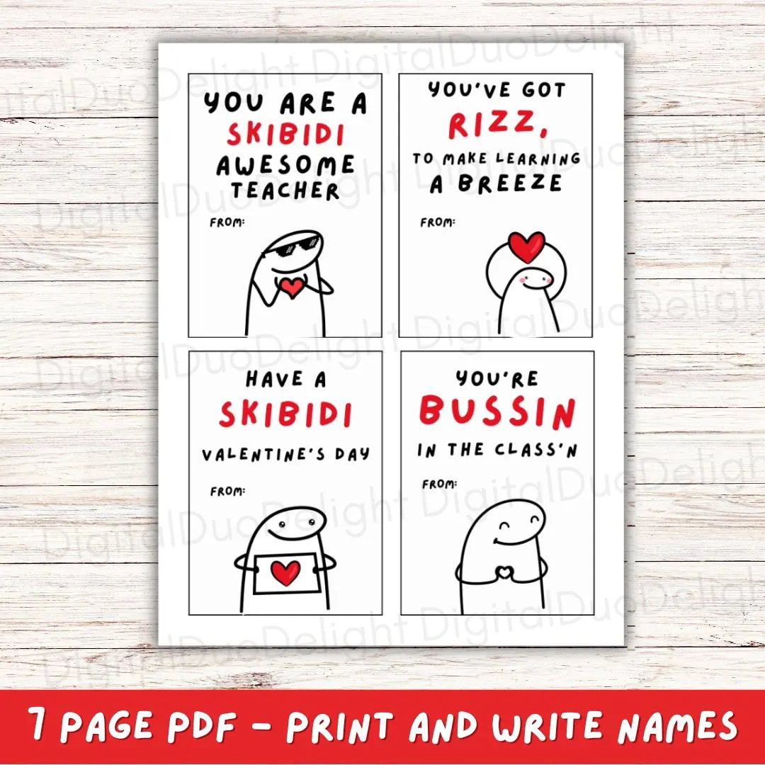 Teachers Funny Slang 28 Valentine’s Day cards, Tween, Boys Girls Valentine’s Day Gift. Printable PDF Skibidi, Rizz, Funny. Perfect For School