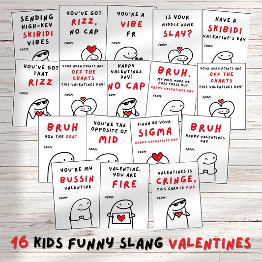 Kids Funny Slang 16 Valentine’s Day Cards, Tween, School Boys Girls Valentine’s Day Gift. Printable PDF Skibidi, Rizz, Funny. Perfect For School