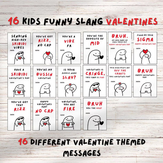 Kids Funny Slang 16 Valentine’s Day Cards, Tween, School Boys Girls Valentine’s Day Gift. Printable PDF Skibidi, Rizz, Funny. Perfect For School