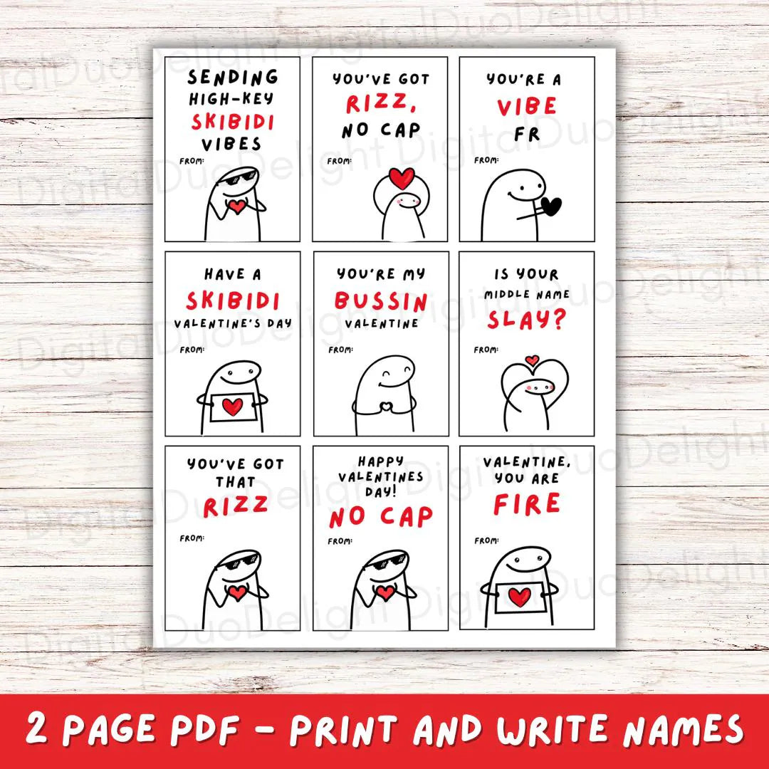 Kids Funny Slang 16 Valentine’s Day Cards, Tween, School Boys Girls Valentine’s Day Gift. Printable PDF Skibidi, Rizz, Funny. Perfect For School