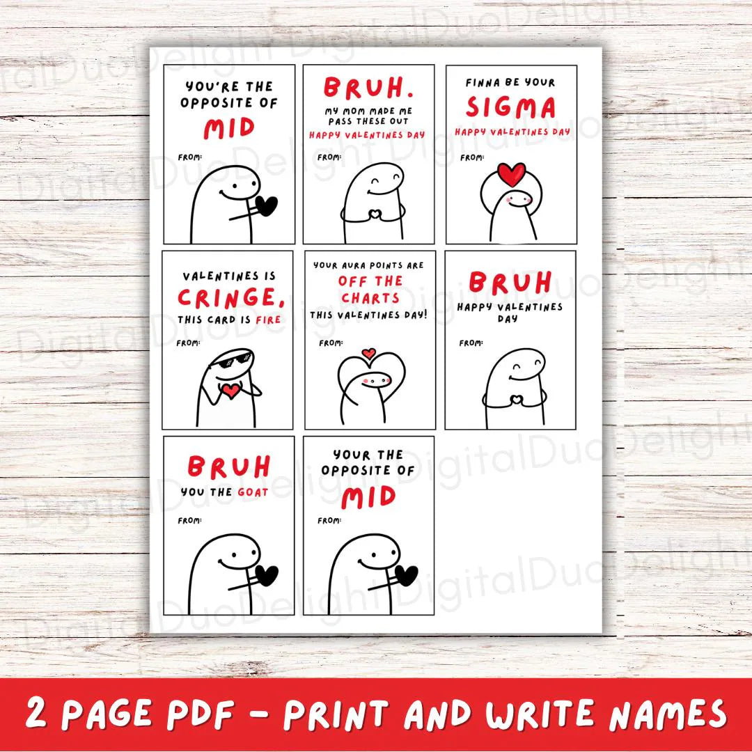 Kids Funny Slang 16 Valentine’s Day Cards, Tween, School Boys Girls Valentine’s Day Gift. Printable PDF Skibidi, Rizz, Funny. Perfect For School