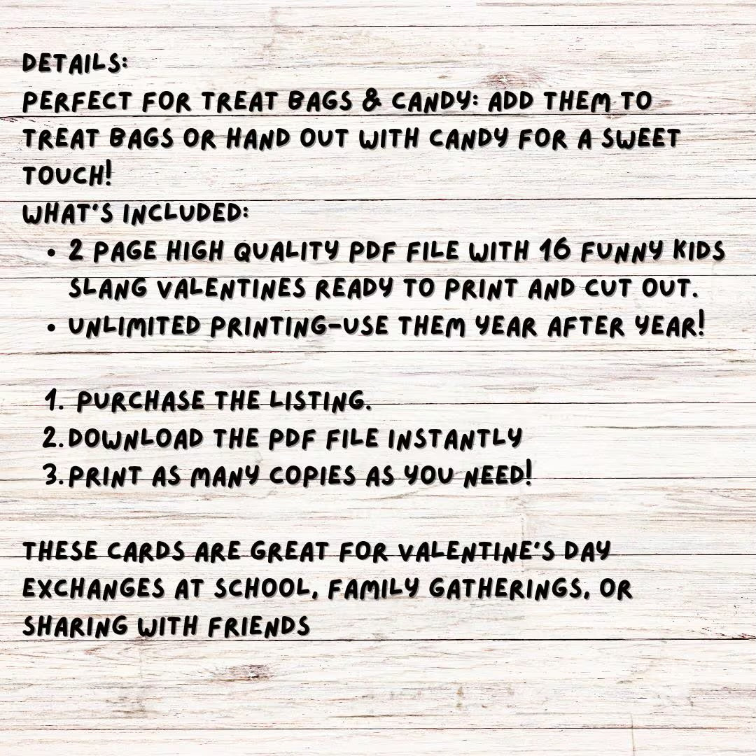 Kids Funny Slang 16 Valentine’s Day Cards, Tween, School Boys Girls Valentine’s Day Gift. Printable PDF Skibidi, Rizz, Funny. Perfect For School