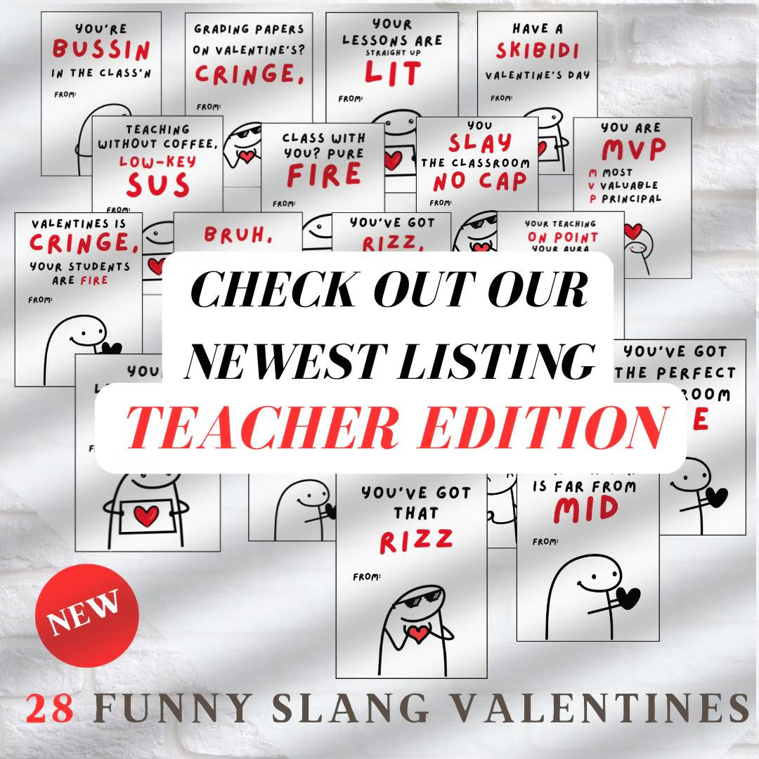 Kids Funny Slang 16 Valentine’s Day Cards, Tween, School Boys Girls Valentine’s Day Gift. Printable PDF Skibidi, Rizz, Funny. Perfect For School
