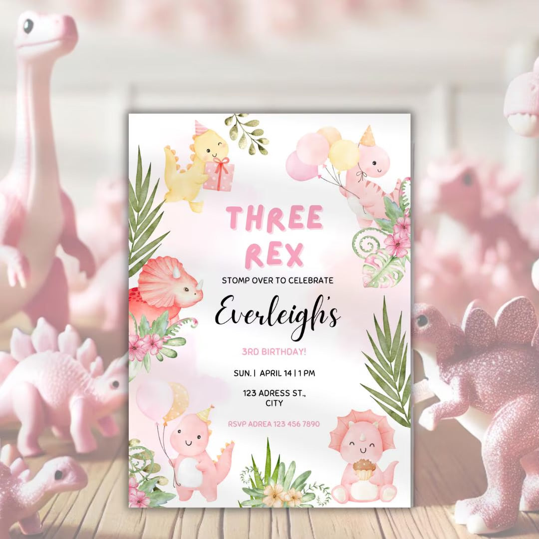 Dinosaur Birthday Party Theme Invitation Pink Three Rex Girls Birthday Party Invitation Personalized, Toddler Baby Party, Girls Boys Gift Party Invite