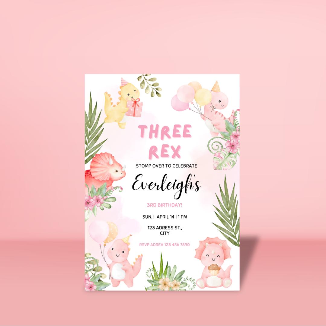 Dinosaur Birthday Party Theme Invitation Pink Three Rex Girls Birthday Party Invitation Personalized, Toddler Baby Party, Girls Boys Gift Party Invite