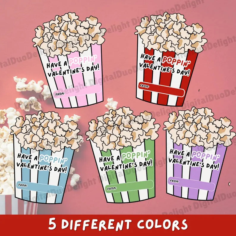 Popcorn bag Valentine's day cards, girls boys gift tween kids valentines,Printable Cards PDF Popcorn Sticker Printable kids classroom party,
