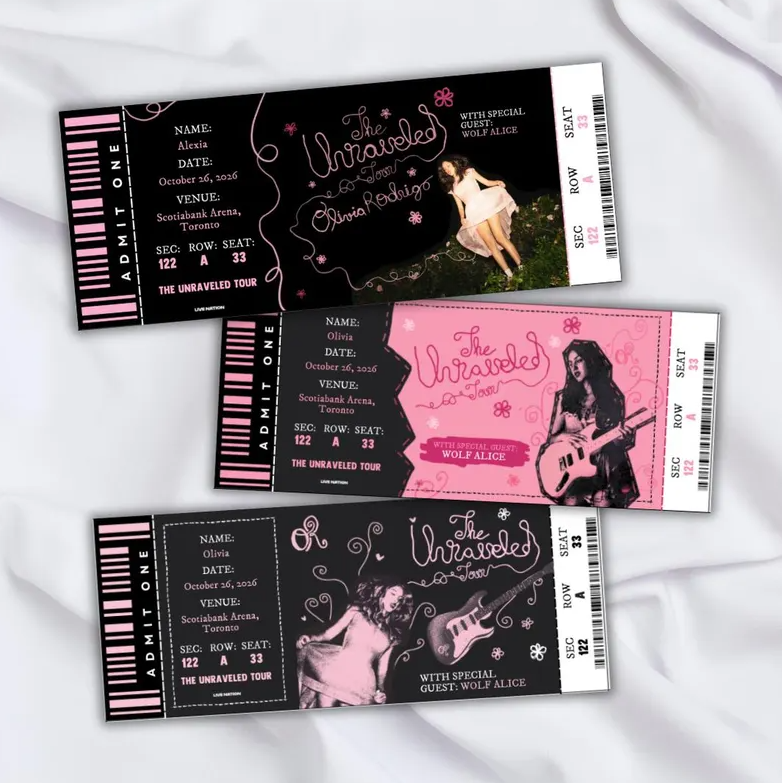 3 Pcs Unraveled Tour Editable Souvenir ticket, Olivia Rodrigo Pop singer themed Gift, Printable Girls Boys gift PDF, Instant download Surprise