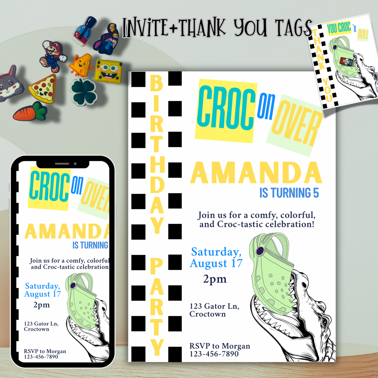Croc Birthday Party Invitation Thank You Tags Instant Personalized Editable Template