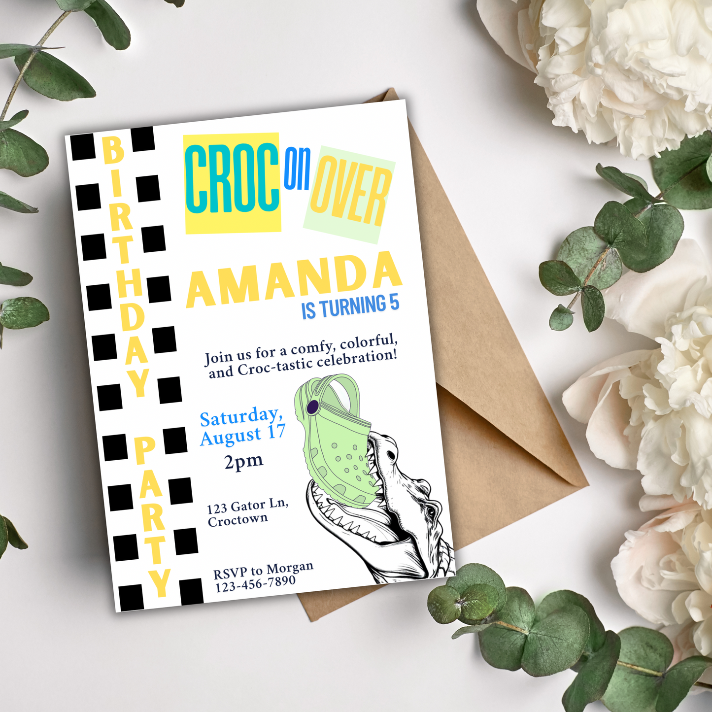 Croc Birthday Party Invitation Thank You Tags Instant Personalized Editable Template