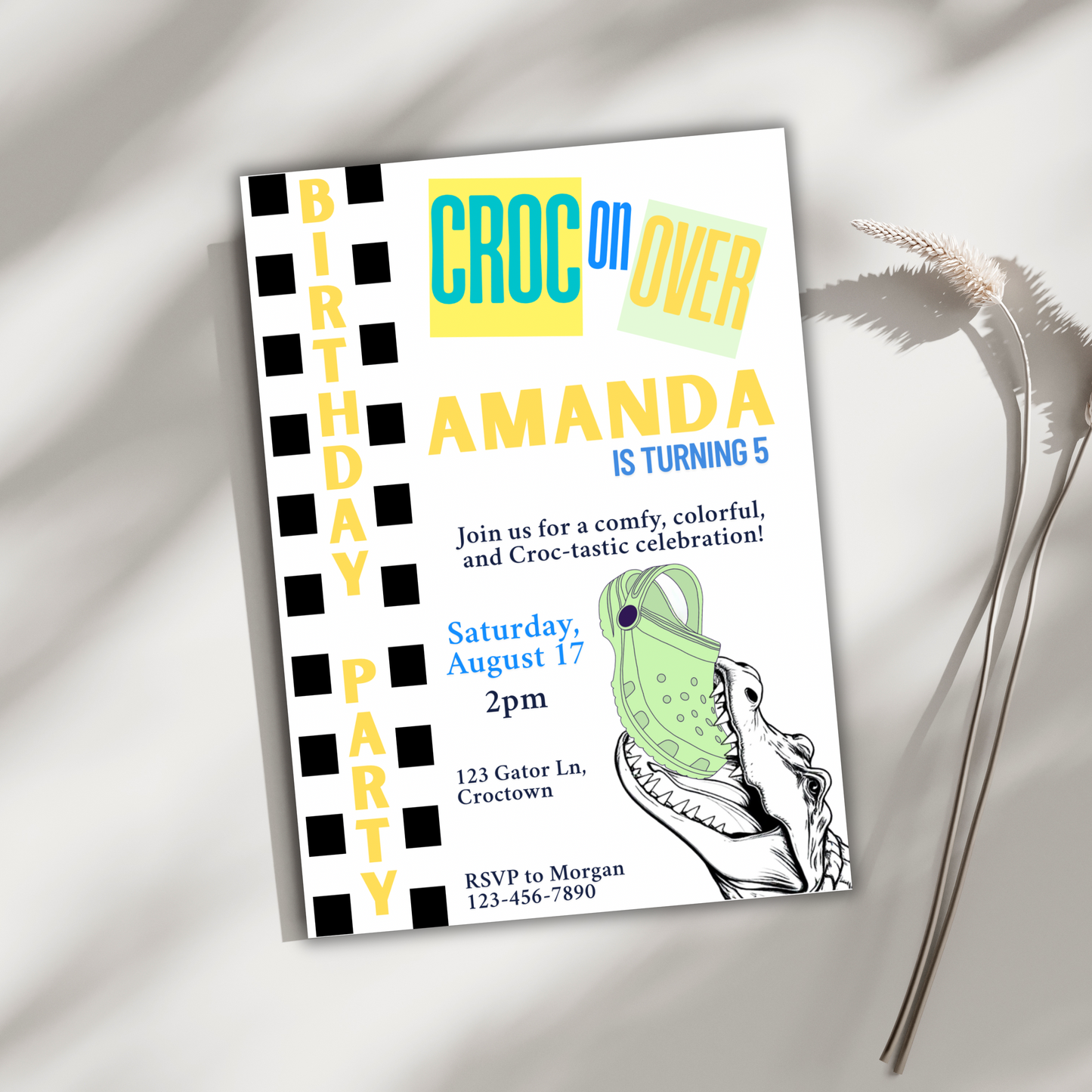 Croc Birthday Party Invitation Thank You Tags Instant Personalized Editable Template