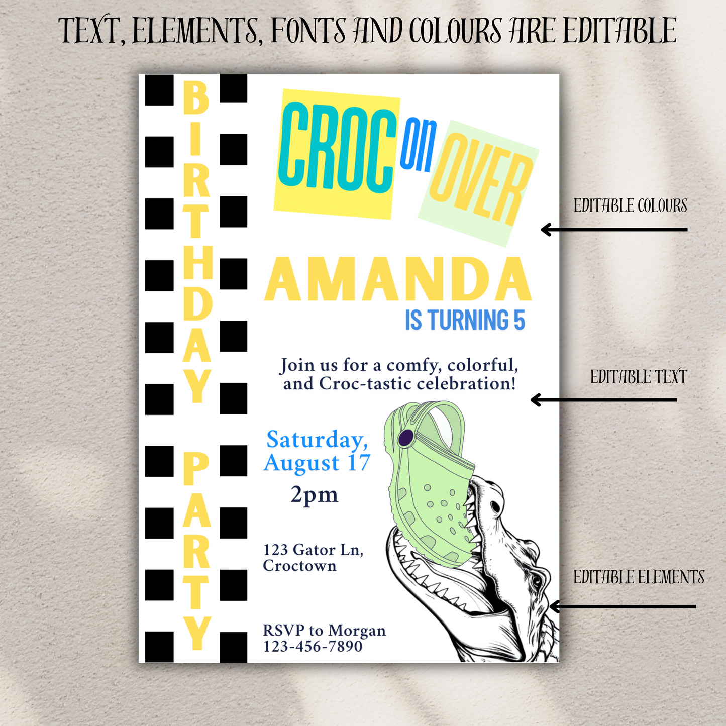 Croc Birthday Party Invitation Thank You Tags Instant Personalized Editable Template