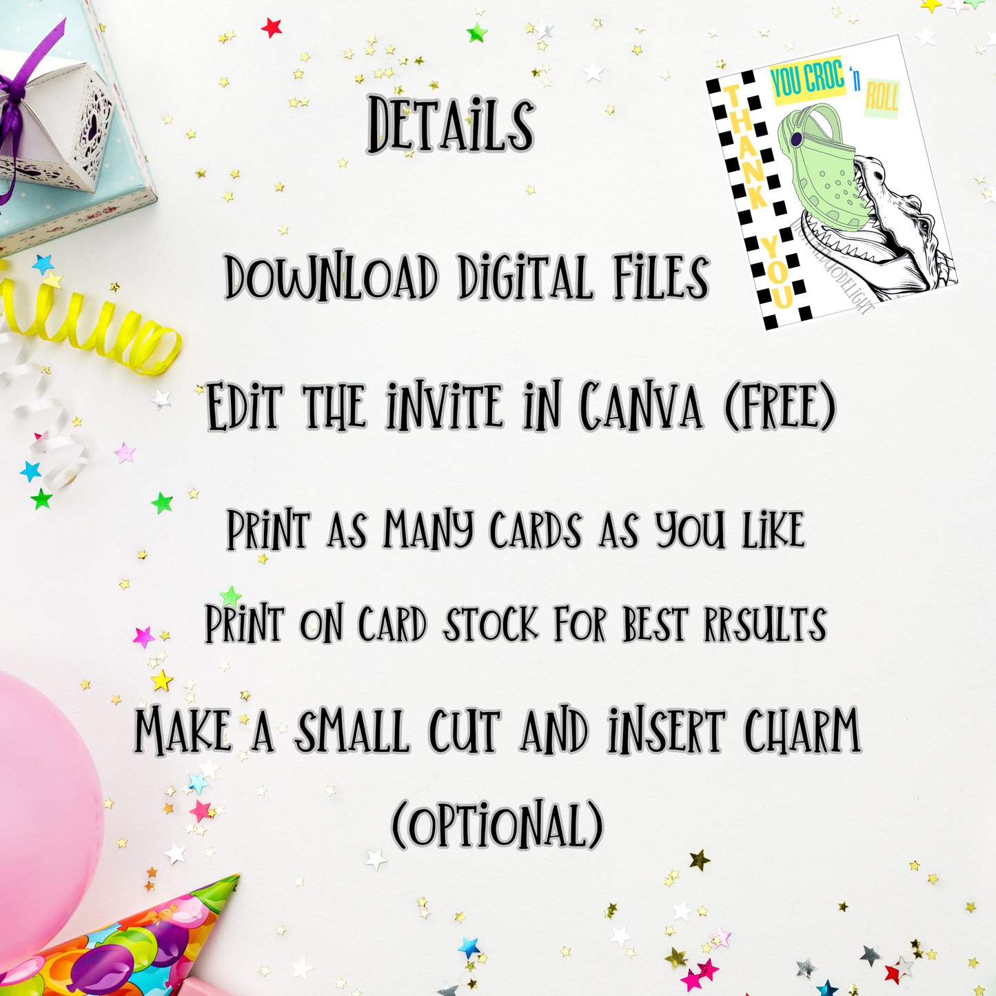 Croc Birthday Party Invitation Thank You Tags Instant Personalized Editable Template
