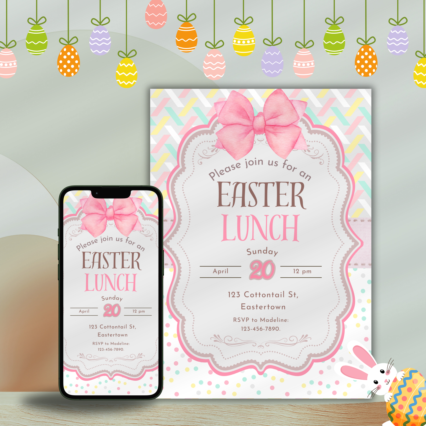 Invitations de Pâques personnalisables | Téléchargement numérique modifiable pour chasse aux œufs, brunch et dîner | Modèles Canva imprimables – Personnalisés et prêts à l'emploi !