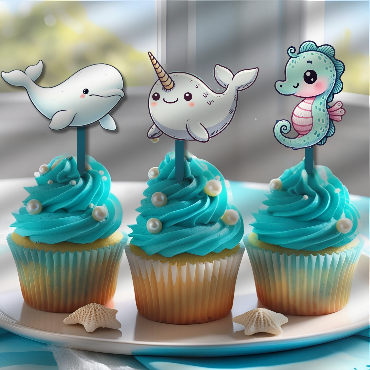 Beluga Whale Turtle Narwhal Seahorse Ocean Animals Theme Cupcake Toppers