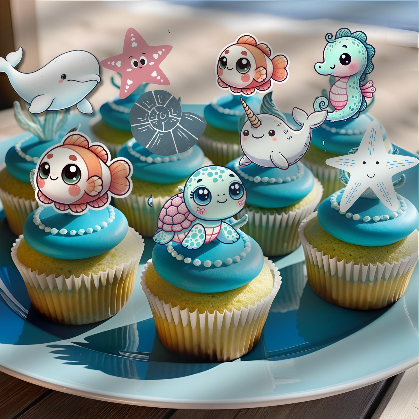 Beluga Whale Turtle Narwhal Seahorse Ocean Animals Theme Cupcake Toppers