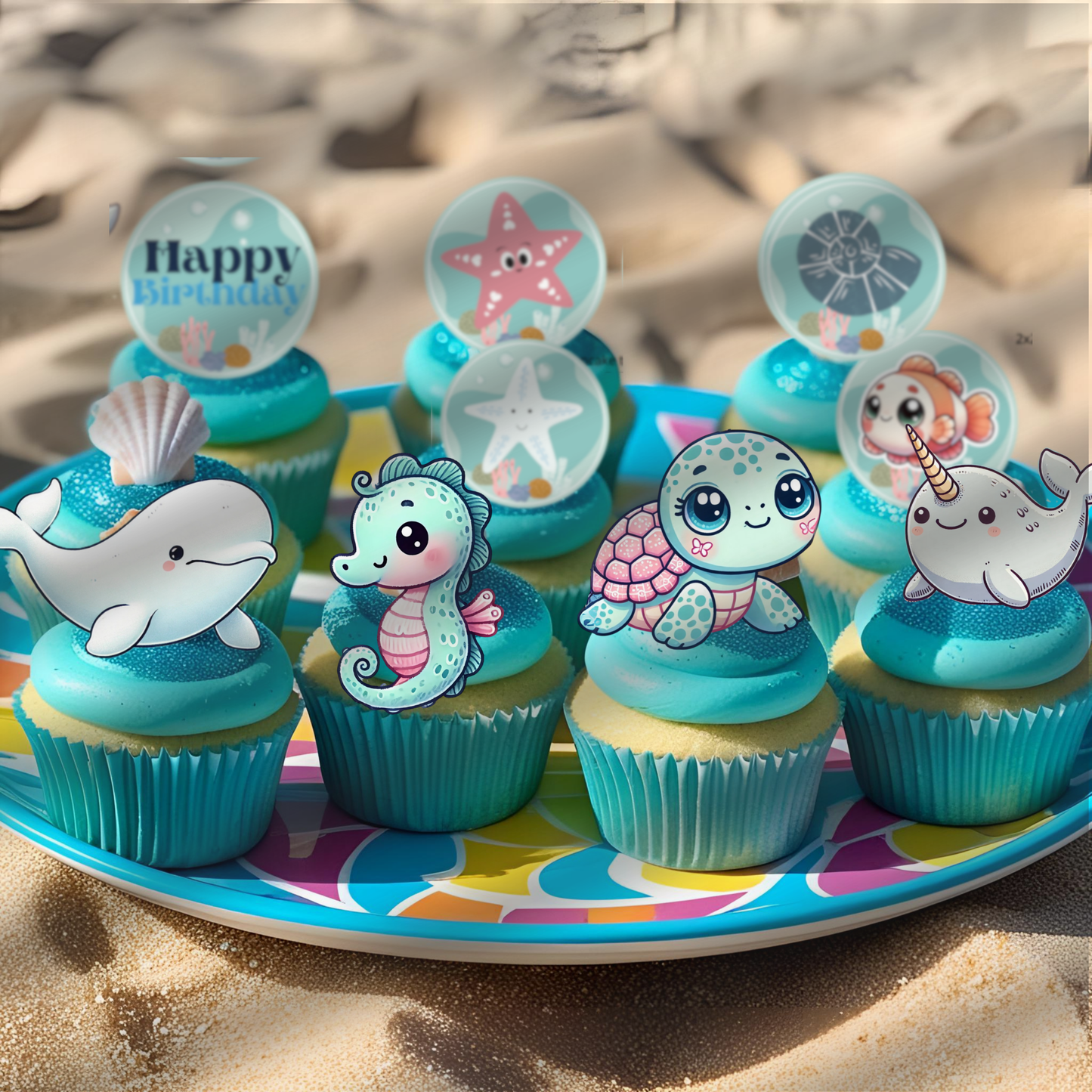 Beluga Whale Turtle Narwhal Seahorse Ocean Animals Theme Cupcake Toppers
