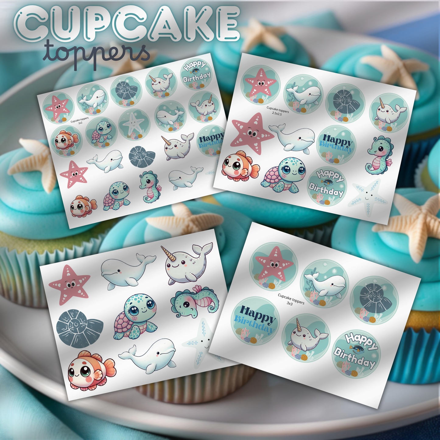 Beluga Whale Turtle Narwhal Seahorse Ocean Animals Theme Cupcake Toppers