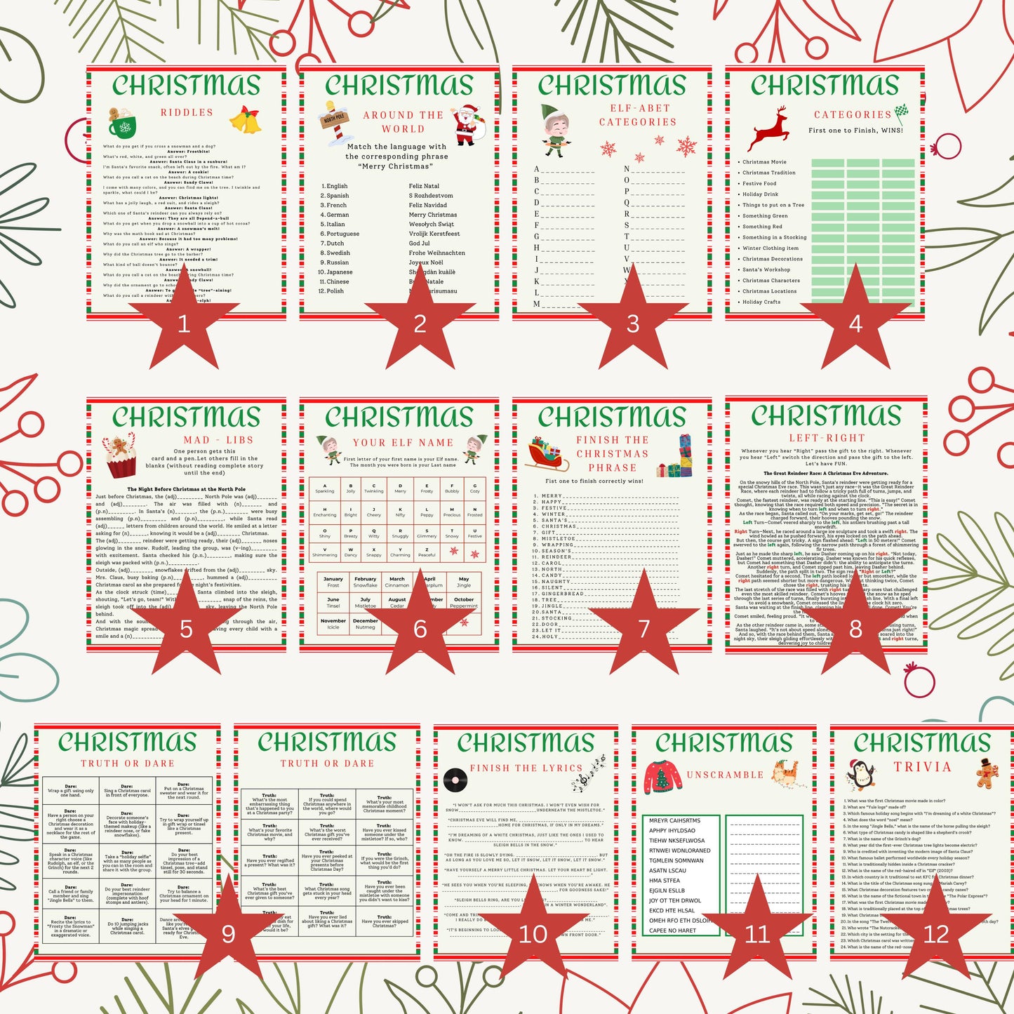Christmas party games, printable games dinner table riddles scavenger holiday edition bundle truth dare mad libs trivia selfie elf snowman