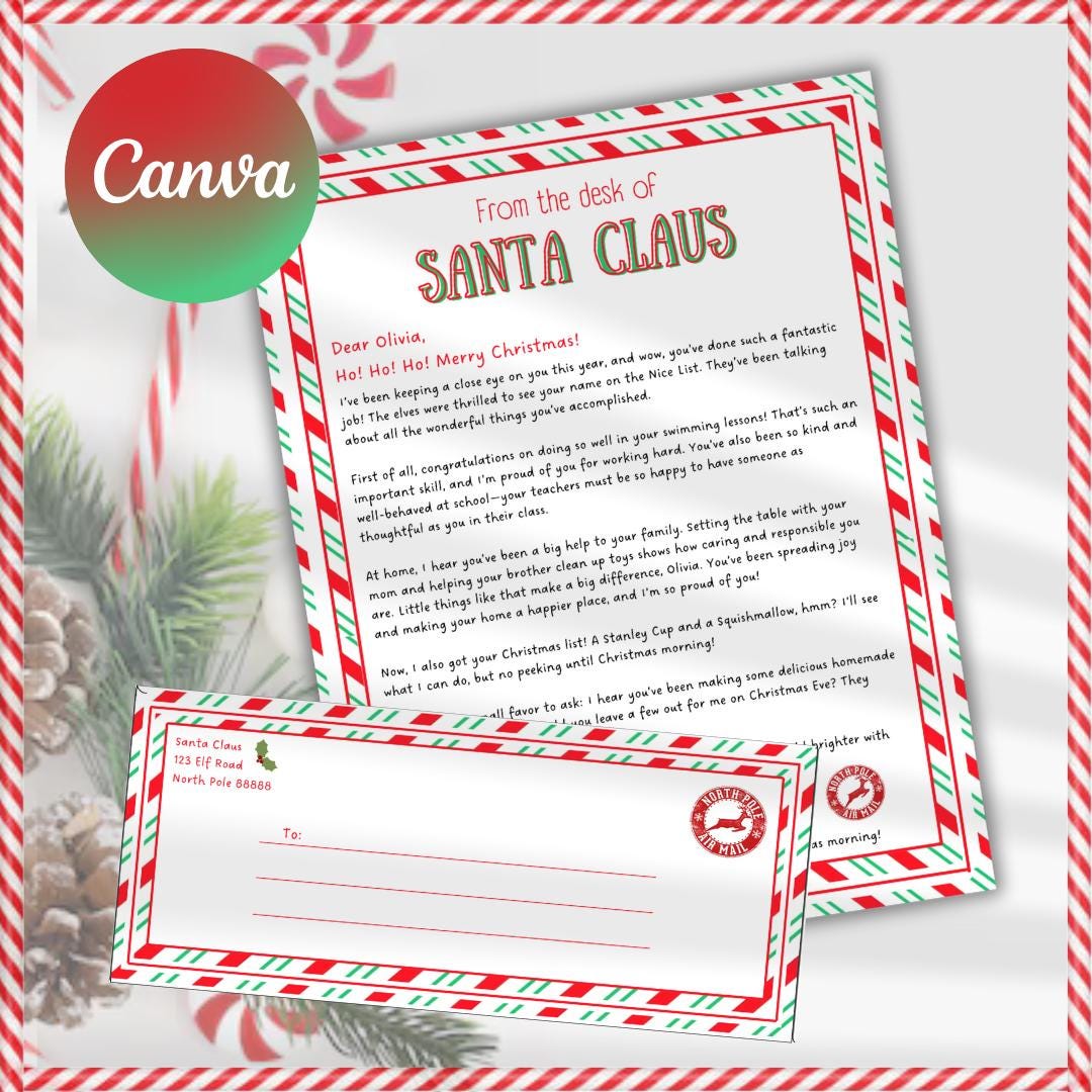 Customizable Santa Claus Letter Canva Editable, Christmas elf, Santa reply postal mail with Envelope Printable. Minimalistic, holiday fun