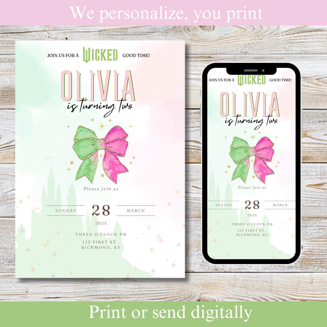 Wicked Birthday invitation, kids baby toddler teen party invite, Elphaba Glinda, pink green coquette bow personalized gift, Wicked fan adult