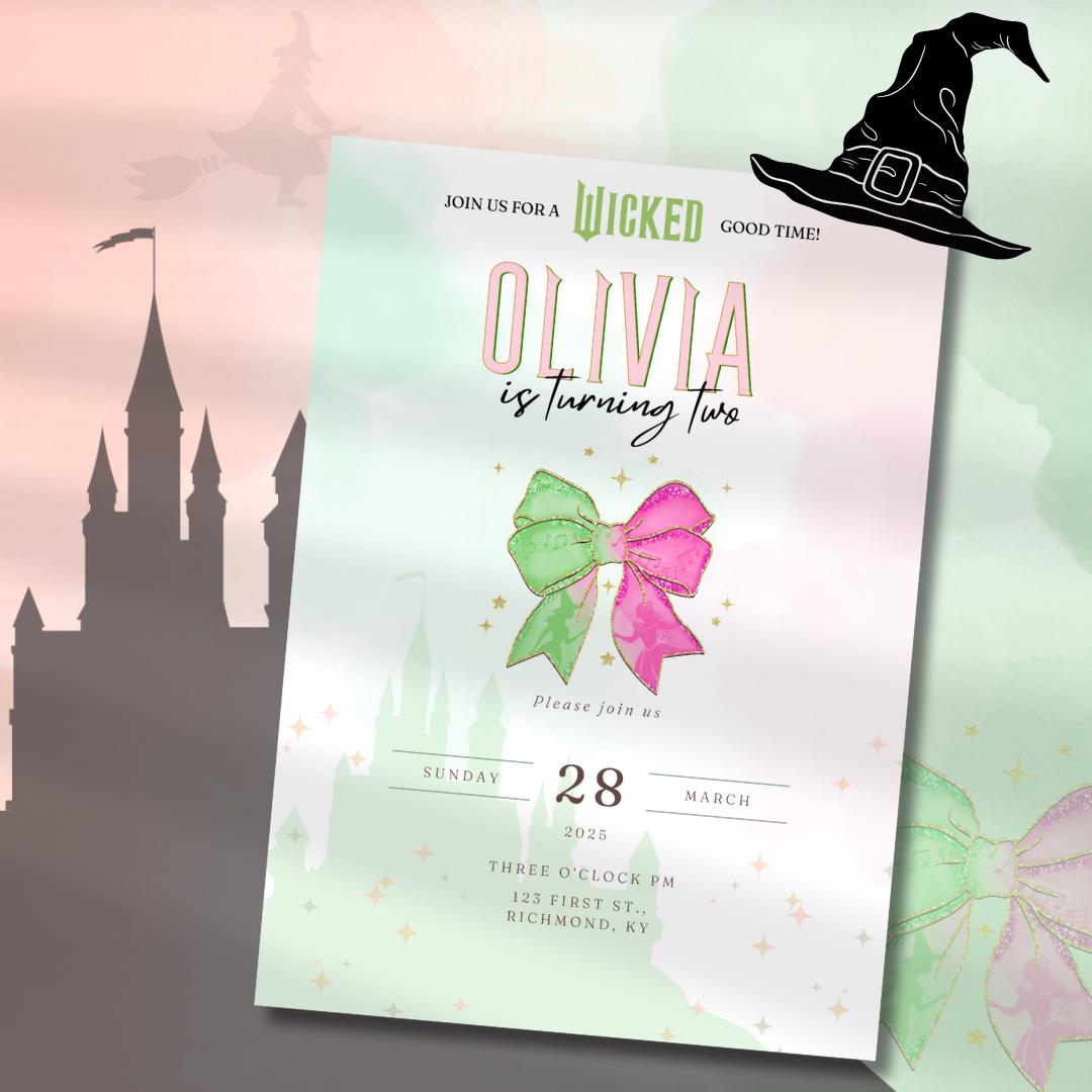 Wicked Birthday invitation, kids baby toddler teen party invite, Elphaba Glinda, pink green coquette bow personalized gift, Wicked fan adult