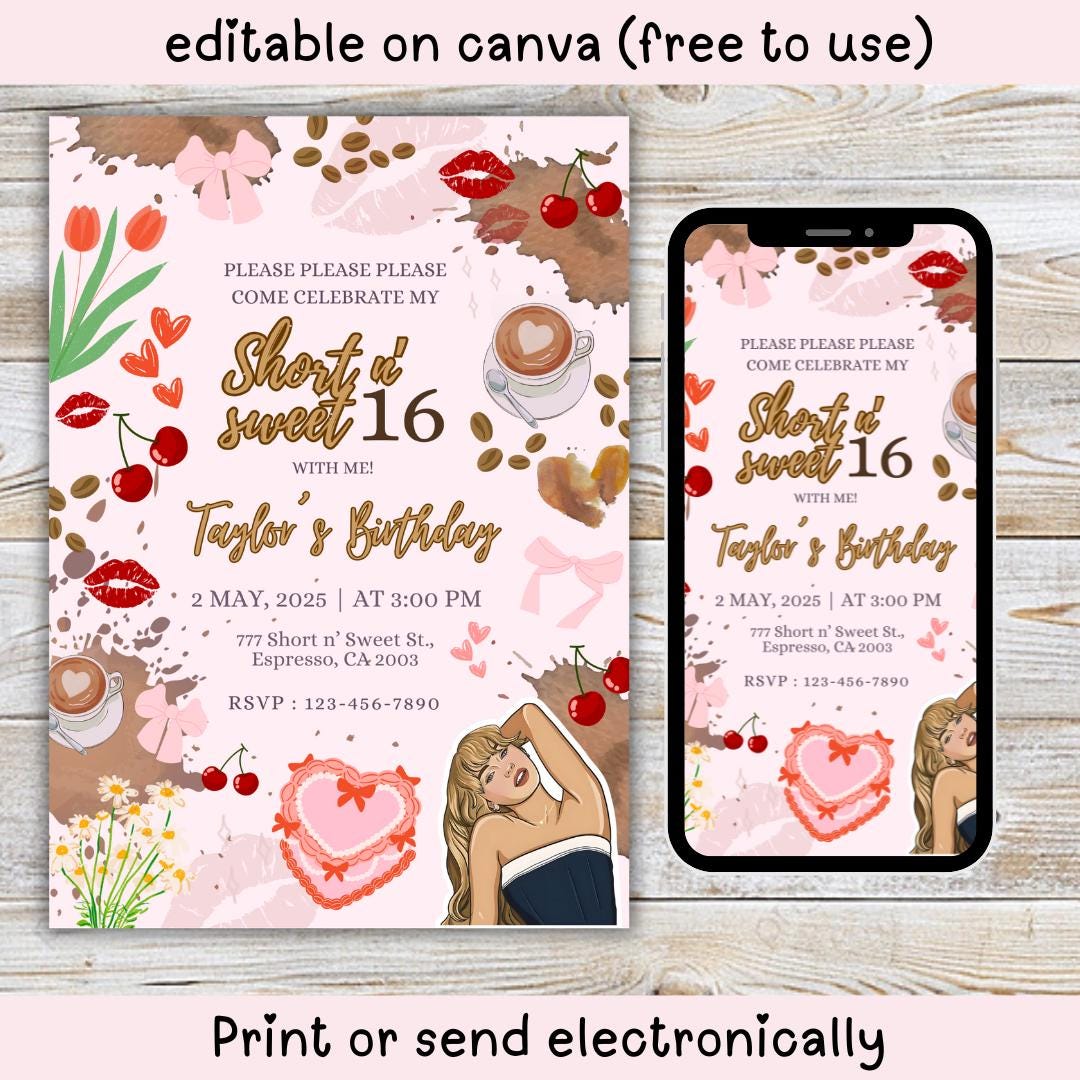 Sabrina Espresso Invitation, Birthday Pop Singer Inspired, Canva Editable Template, Kids Teens Adults party Invite, Sabrina Carpenter Theme