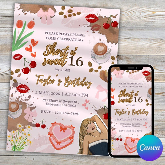 Sabrina Espresso Invitation, Birthday Pop Singer Inspired, Canva Editable Template, Kids Teens Adults party Invite, Sabrina Carpenter Theme