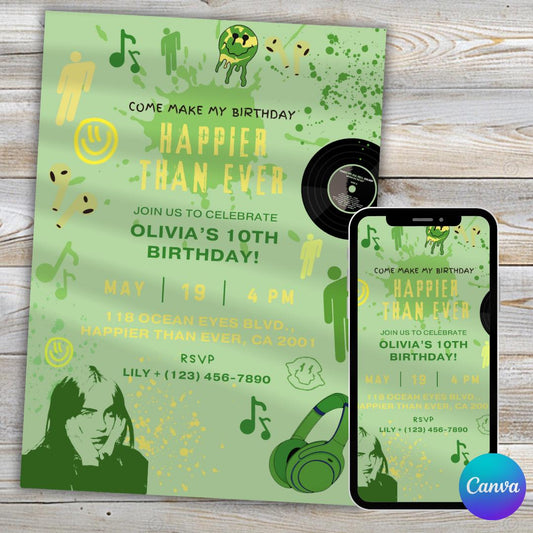 Happier Than Ever Invitation, Billie Eilish Inspired, Kids Teens Adult Party invite, Pop singer themed, Canva Editable, Personalized