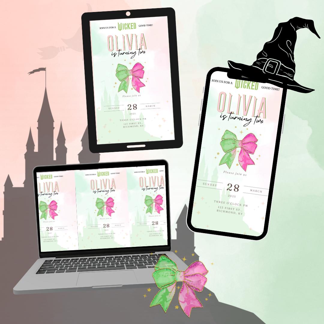 Wicked Birthday invitation, kids baby toddler teen party invite, Elphaba Glinda, pink green coquette bow personalized gift, Wicked fan adult