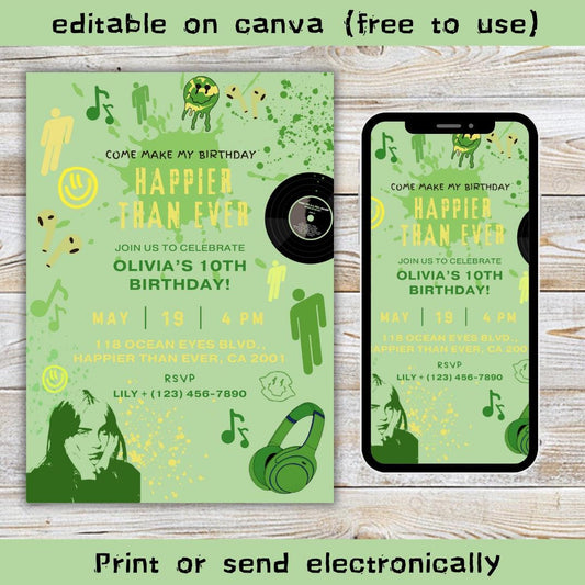 Happier Than Ever Invitation, Billie Eilish Inspired, Kids Teens Adult Party invite, Pop singer themed, Canva Editable, Personalized