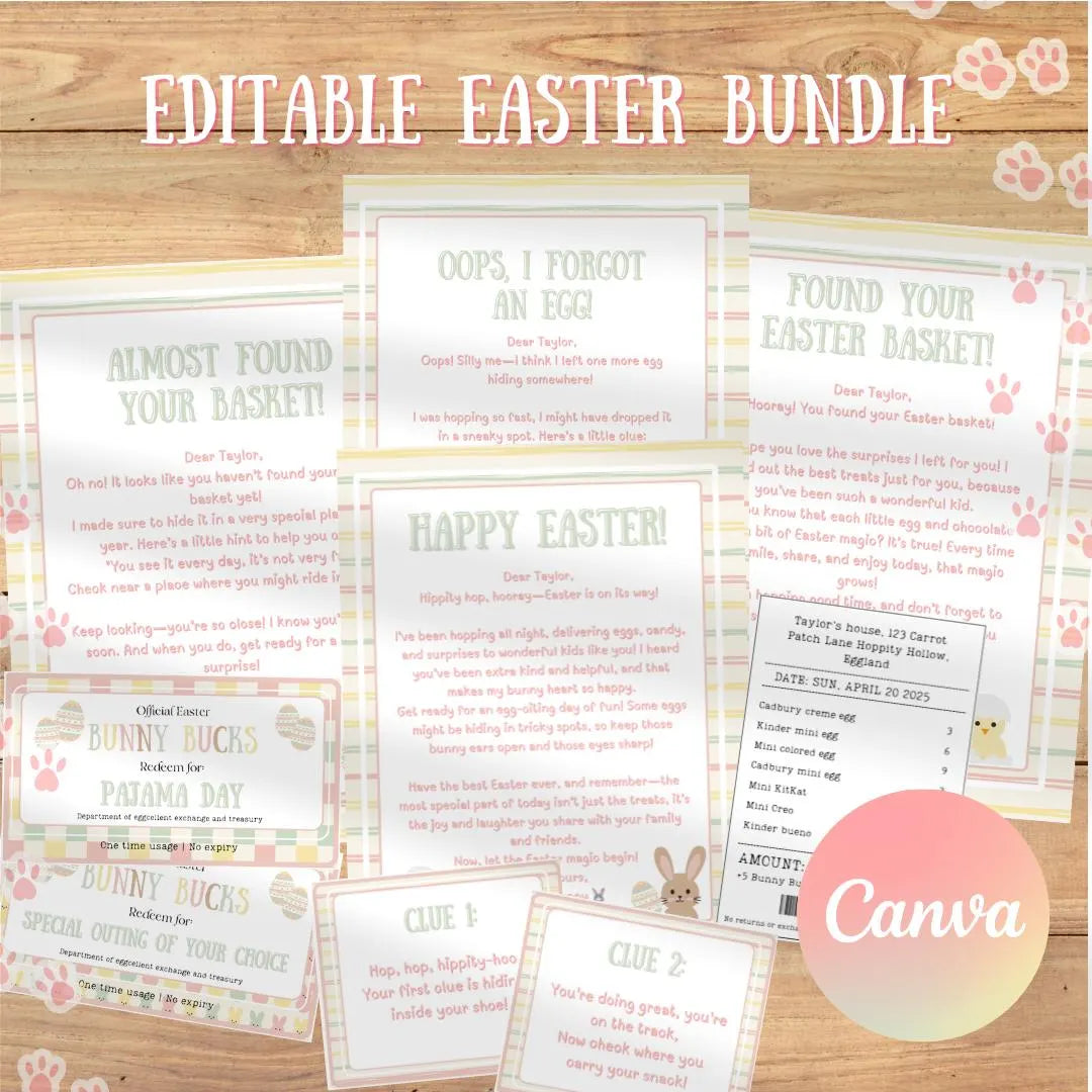 Easter Egg Hunt Bundle, 12+ Printable Easter Bunny Surprises, Letters Notes, Coupons, Kids/Teens Easter Activities, Editable, Personalized Custom