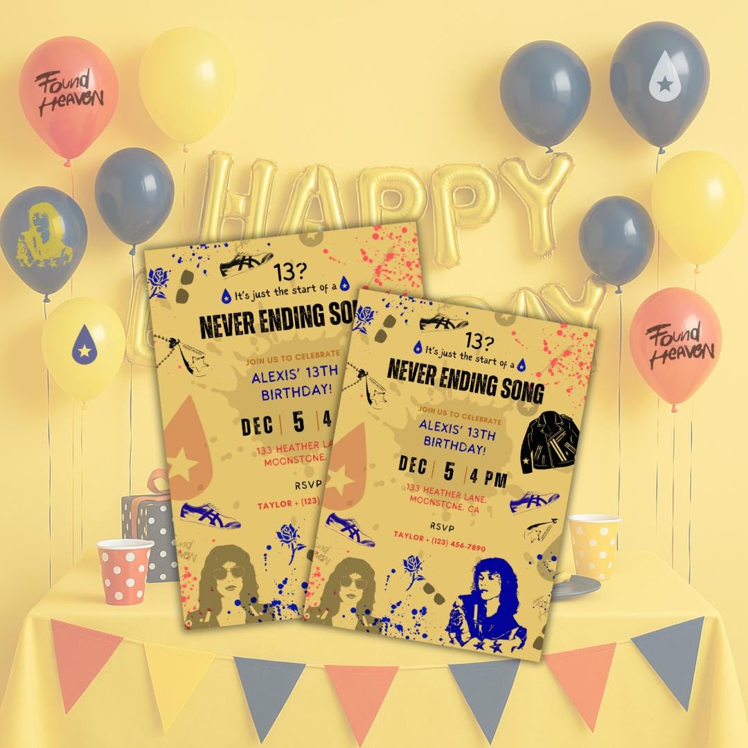 Never Ending Song Invitation, Music Themed Pop star Party, Kids Teen Birthday ideas, Adult celebration invite, Canva editable, Printable