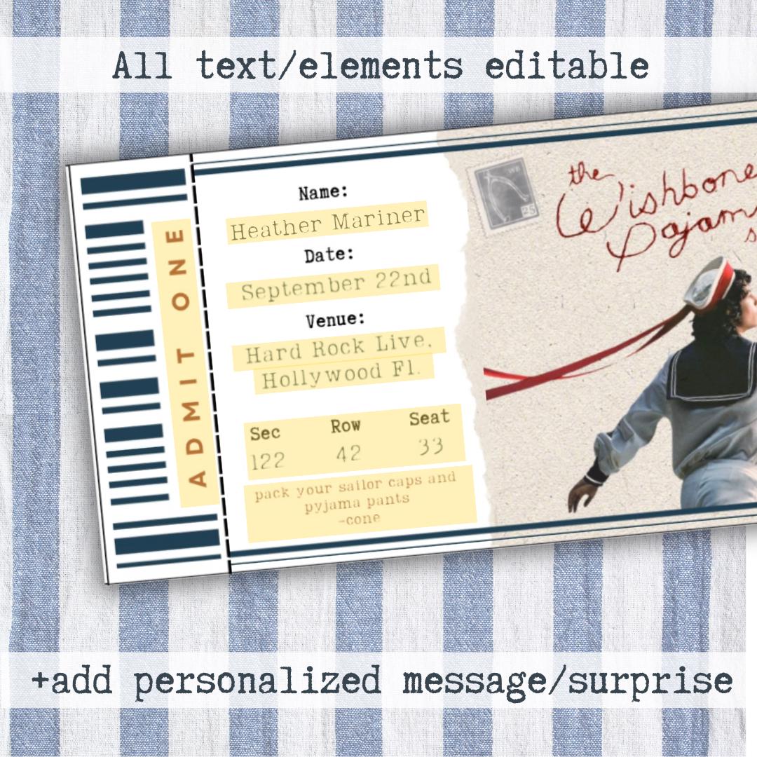 Editable Wishbone Souvenir ticket, 3 pcs Conan Pop singer themed Gift, Printable Girls Boys gift PDF, Instant download Surprise Tour