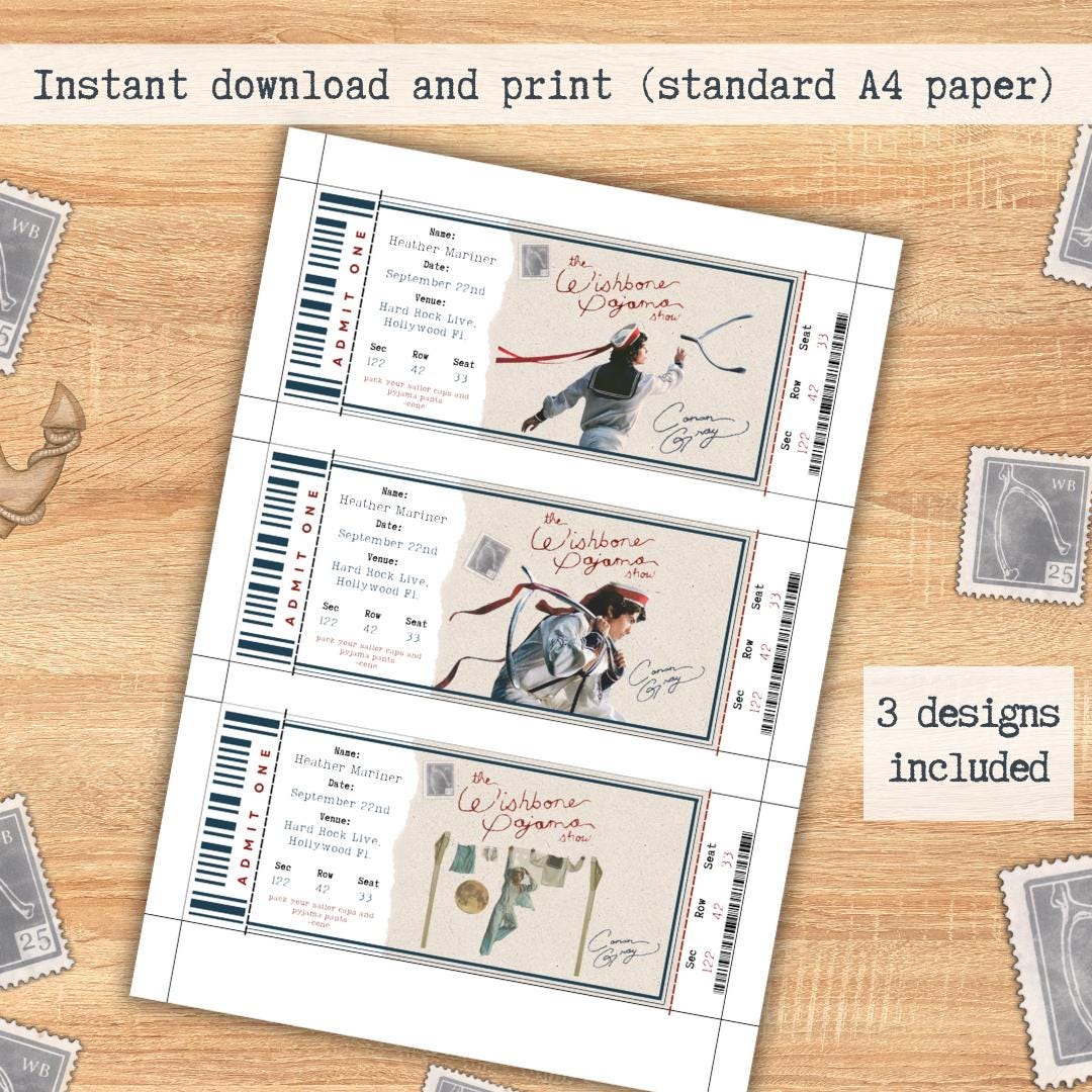 Editable Wishbone Souvenir ticket, 3 pcs Conan Pop singer themed Gift, Printable Girls Boys gift PDF, Instant download Surprise Tour