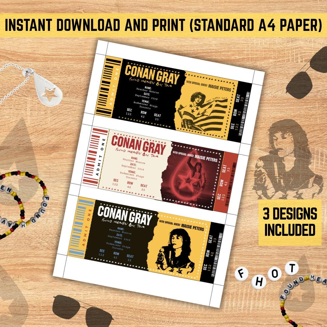 Editable Found Heaven Souvenir ticket, 3 pcs Conan Pop singer themed Gift, Printable Girls Boys gift PDF, Instant download Surprise Tour