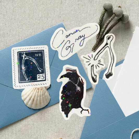 12 pc Conan Wishbone Sticker Pack, Gray Pop star Collectable Decals, Kids teens music gift decoration, glossy holographic sticker paper