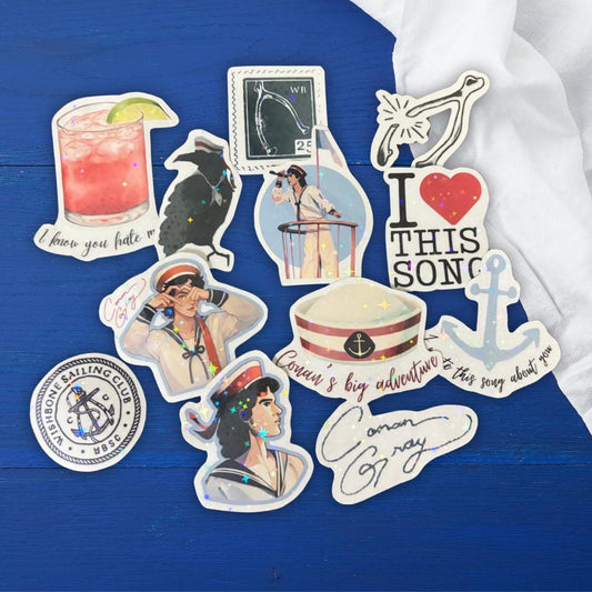 12 pc Conan Wishbone Sticker Pack, Gray Pop star Collectable Decals, Kids teens music gift decoration, glossy holographic sticker paper