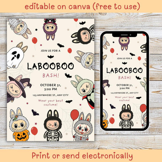 Labubu Halloween Party Invitation, labubu inspired, Kids Teens Birthday invite Canva Editable, Cute DIY Halloween theme + Free treat toppers