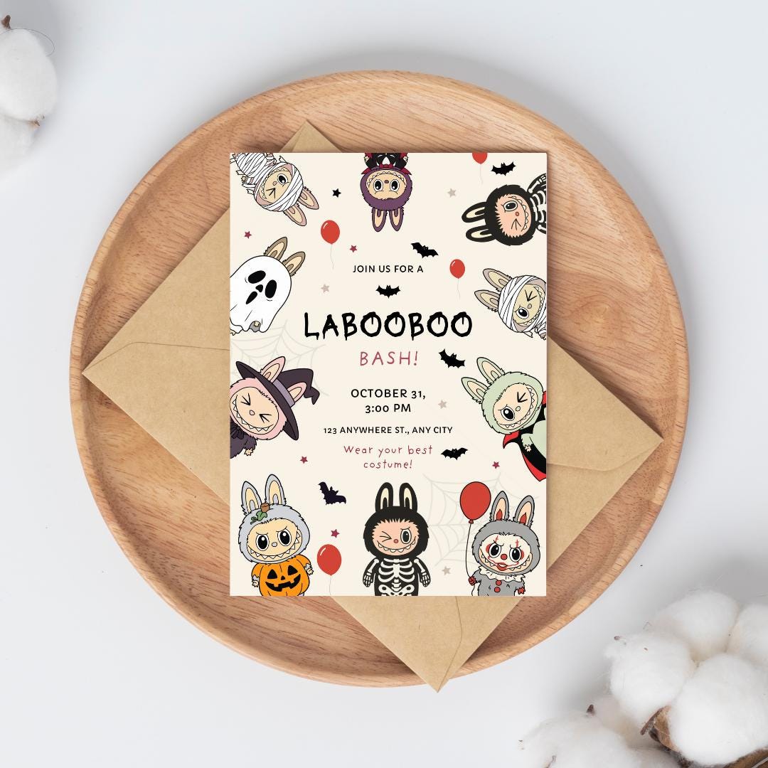 Labubu Halloween Party Invitation, labubu inspired, Kids Teens Birthday invite Canva Editable, Cute DIY Halloween theme + Free treat toppers