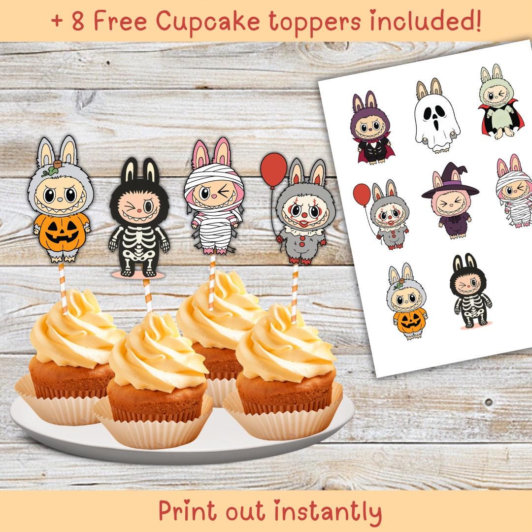 Labubu Halloween Party Invitation, labubu inspired, Kids Teens Birthday invite Canva Editable, Cute DIY Halloween theme + Free treat toppers