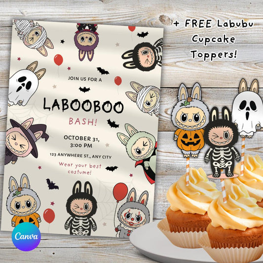 Labubu Halloween Party Invitation, labubu inspired, Kids Teens Birthday invite Canva Editable, Cute DIY Halloween theme + Free treat toppers