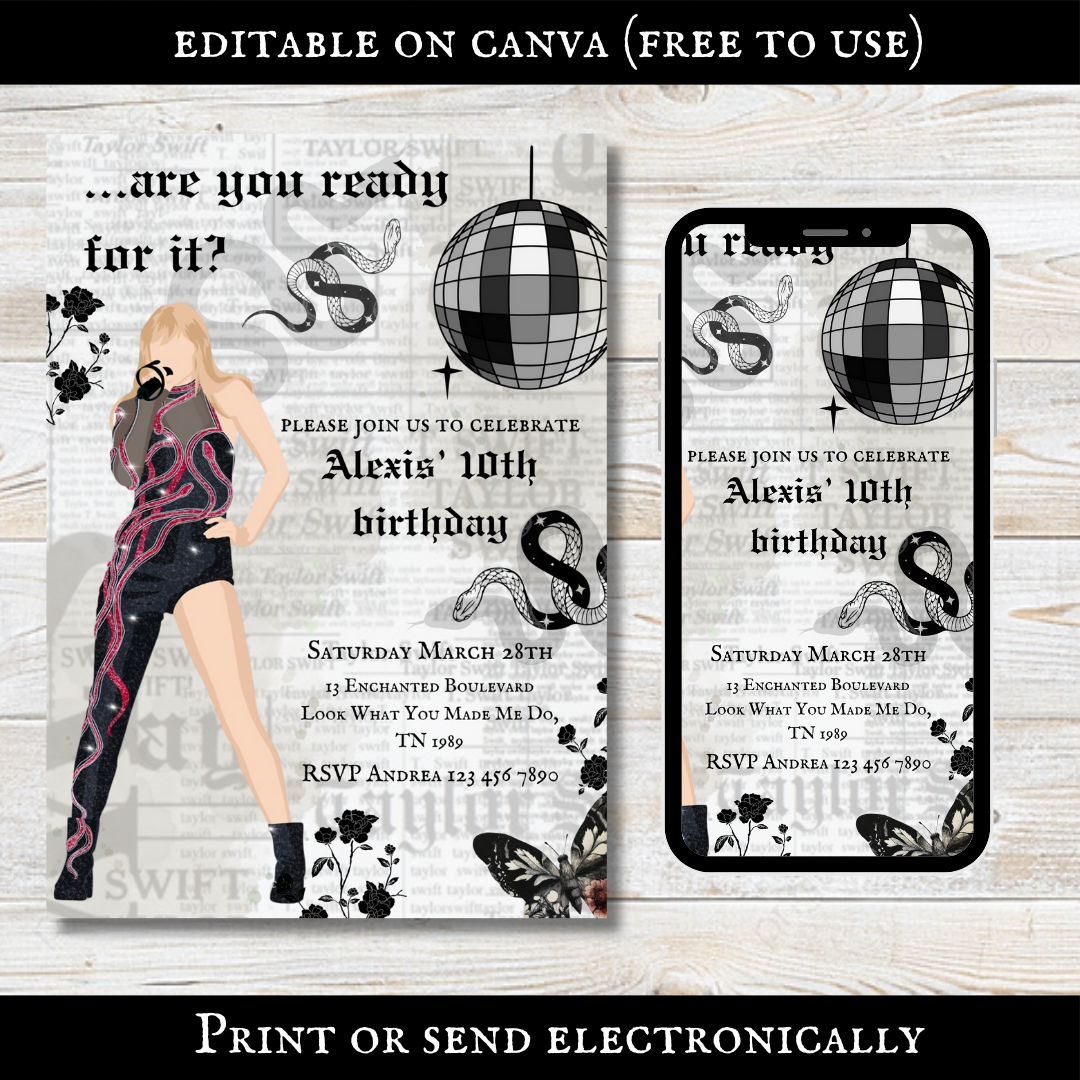 Reputation Era Inspired by Taylor Swift Adult Teens Tweens Birthday party Invitation Canva template Printable editable customizable Digital Download