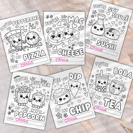 32 Valentine's Day Cards Food Pun Coloring Pages Class Exchanges Cute Crayons Goody Bags Printable Digital Download